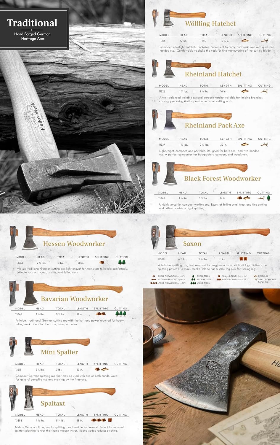 1844 Helko Werk Germany Traditional Rheinland - Made in Germany Compact Lightweight Axe for Backpacking Camping Long Hatchet - Head 1.5 lbs, Handle 20 in. (Rheinland Pack Axe) #11327