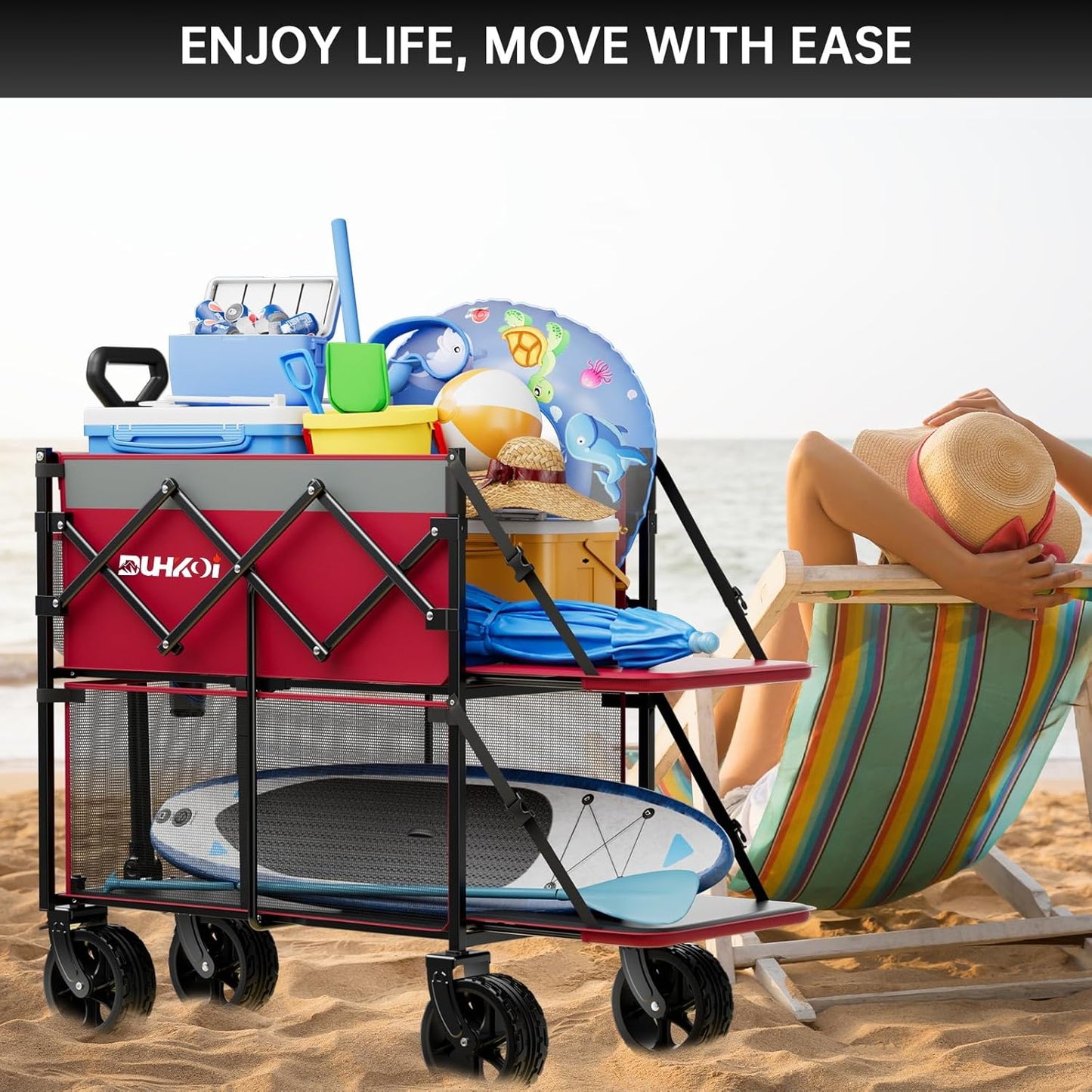 Double Decker Wagon 320L Large Capacity 400LBS Collapsible Sports Utility Cart with Big Wheels,Double Extended Tailgate Heavy Duty Folding Wagon Cart for Groceries,Camping,Outdoor-Rose Pink