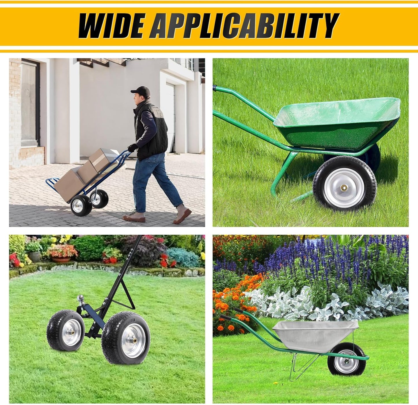 MZREXN 14.5" Wheelbarrow Tire Flat-Free 3.00/3.25/3.50/4.00-8" Solid Tire and Wheel with 3"-7" Centered Hub, 3/4" & 5/8" Bearings Replacement for Hand Truck/Dolly/Utility Cart/Garden Cart 2PCS Silver