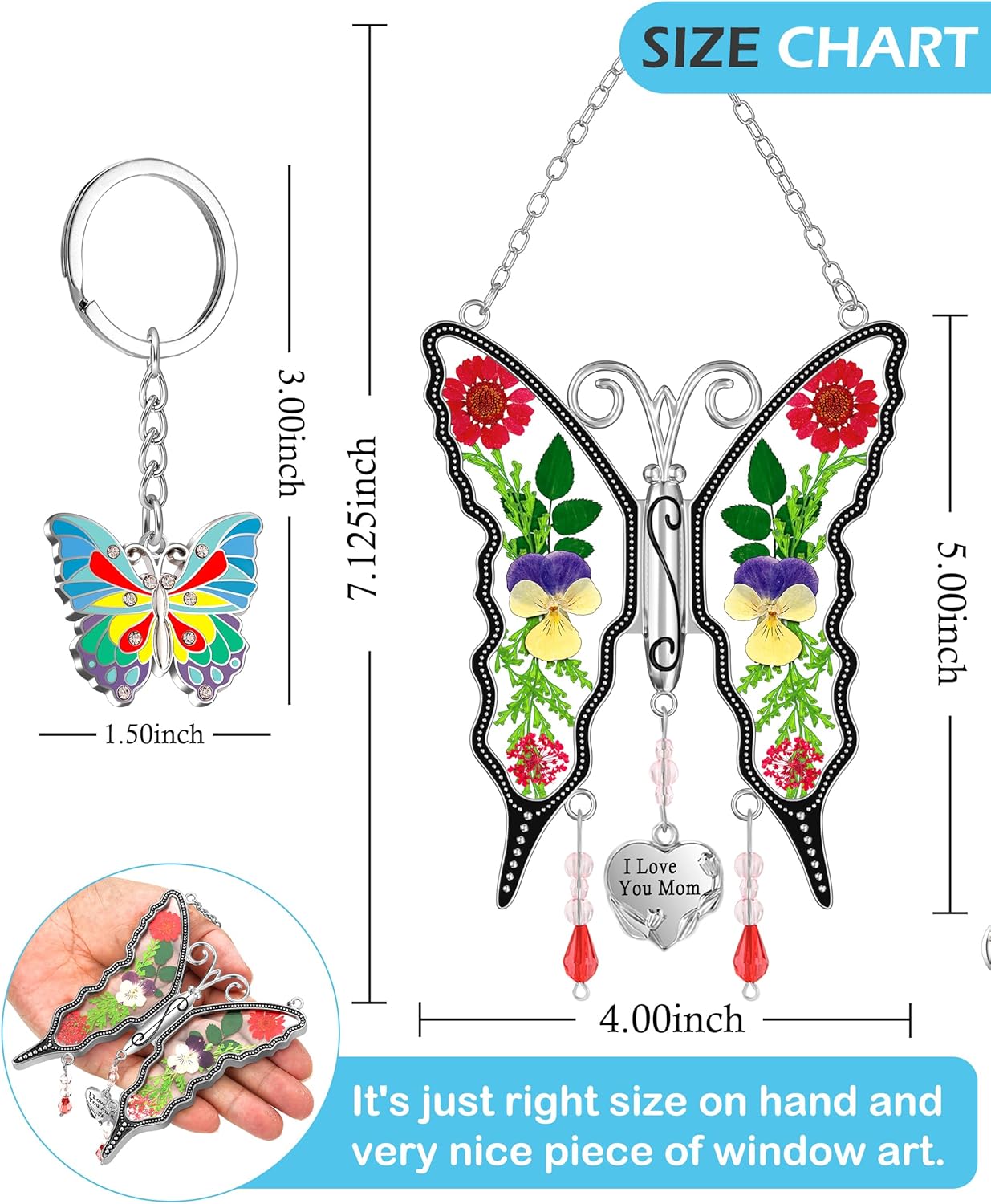 KY&BOSAM Gifts for Mom Suncatcher Butterfly I Love You Mom Stained Glass Sun Catcher Hanging Wind Chime Ornament for Window Pressed Flowers Between Wings with Heart Charm Gift for Women Mother`s Day