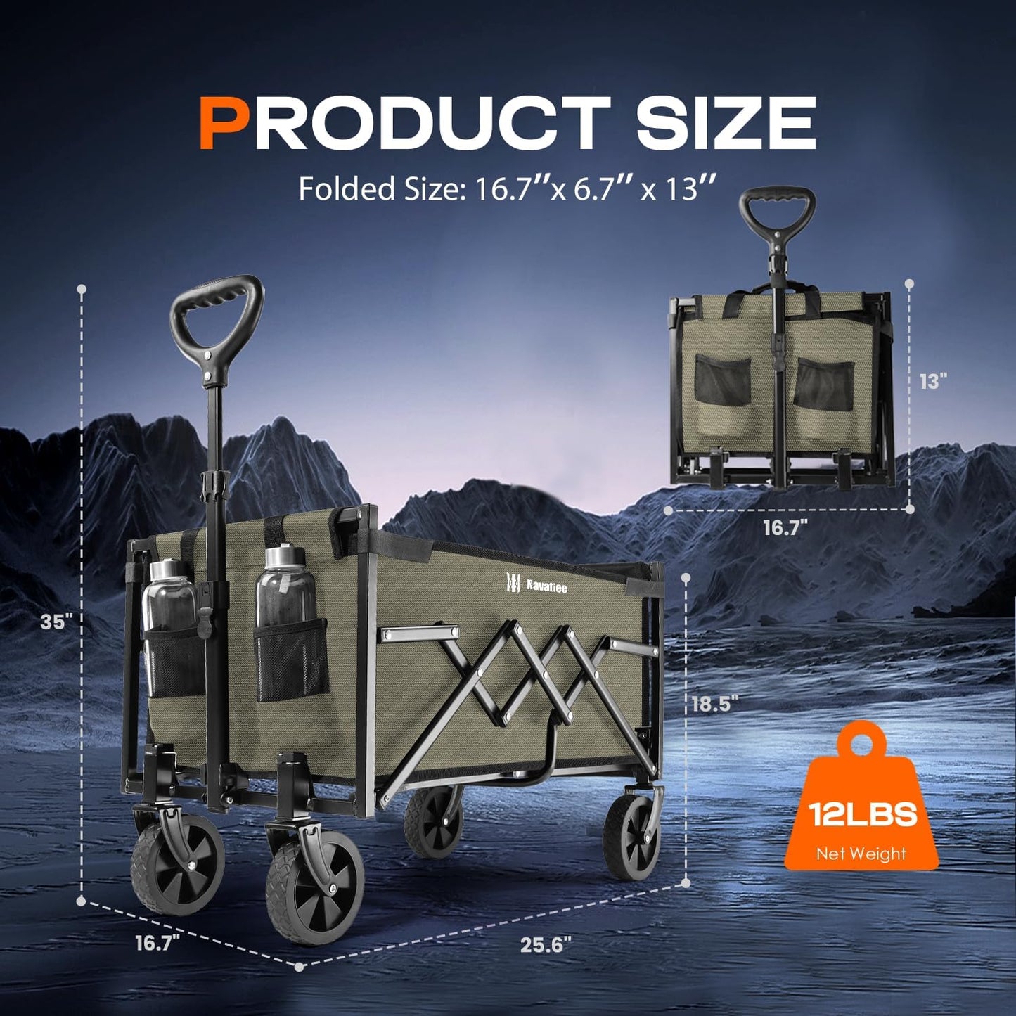 Navatiee Portable Foldable Collapsible Wagon with Wheels, 220lbs Weight Capacity Utility Grocery Shopping Cart, Lightweight Mini Folding Wagon for Outdoor, Khaki