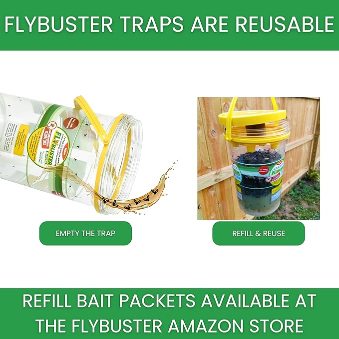 Flybuster Fly Trap | Outdoor Device for Catching Flies | 10-Liter Commercial Size | Comes with One Flytrap and 2 Bait Packets | 2,000,000 Fly Capacity | Non-Toxic | Child & Pet Safe