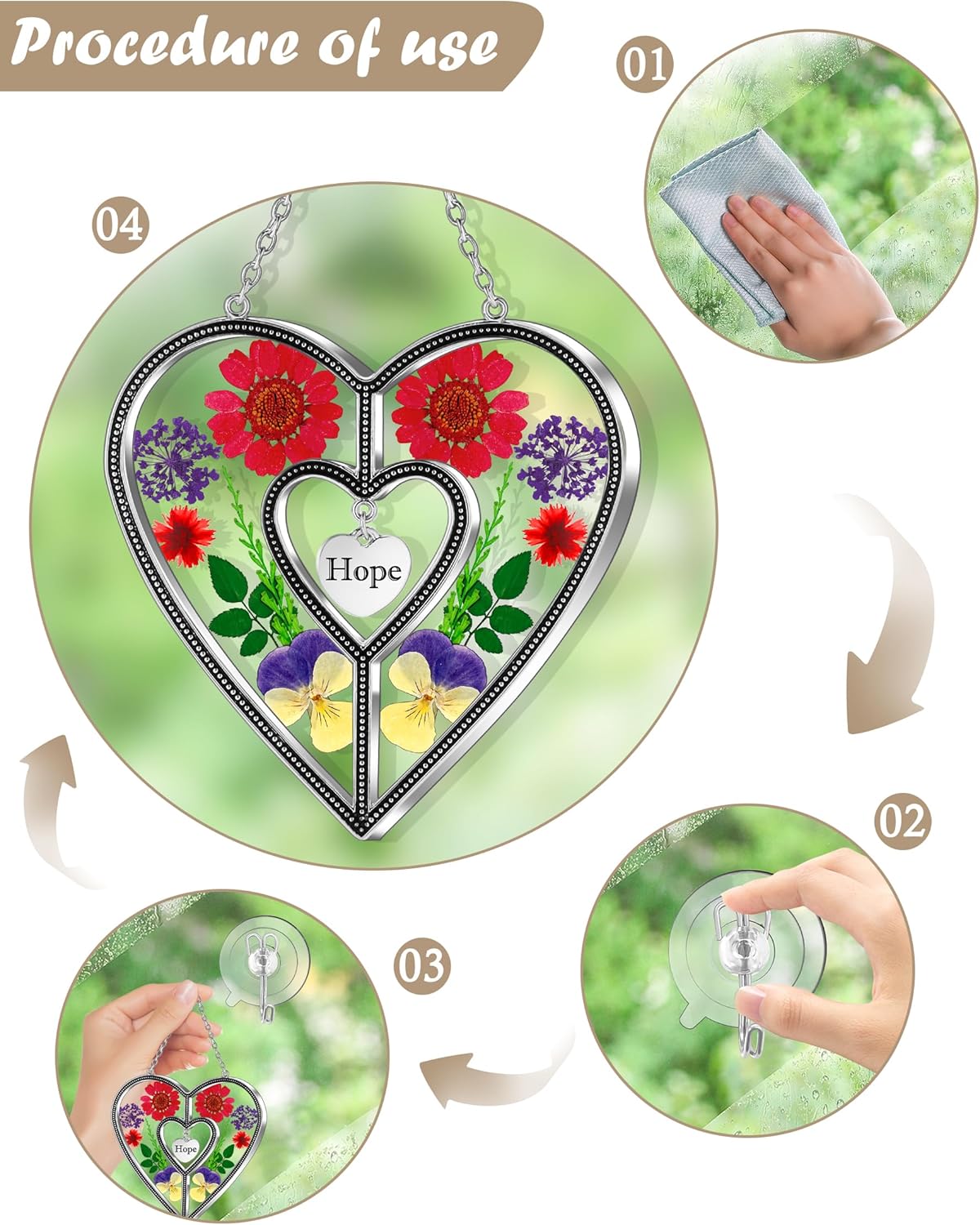 KY&BOSAM Heart Suncatchers Hope Stained Glass Hangings for Windows Sun Catcher with Unique Pressed Real Flower in Heart for Home Garden Decor Birthday Gifts for Women Mothers Day Christmas Ornament