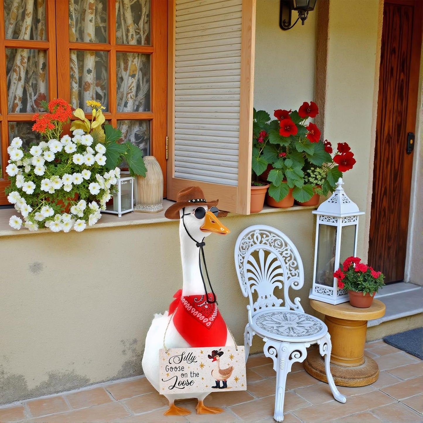 4pcs Western Cowboy Porch Goose Outfits, Silly Goose on The Loose Hangings Sign Cowboy Hat Bandana Glasses for 17 or 23 inches Statue Outdoor Patio Yard Lawn Art (Brown, Red)
