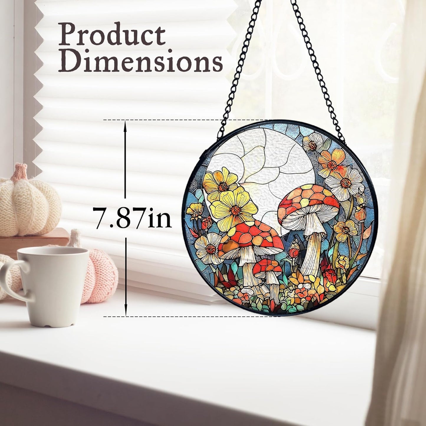 kdqua Mushroom Flower Suncatcher Stained Glass Window Hanging, Full Moon Mushroom Sun Catchers Indoor Window Glass Round Wall Decor, Cottagecore Wall Art Hanging Decorations Statues, 7.9x7.9in