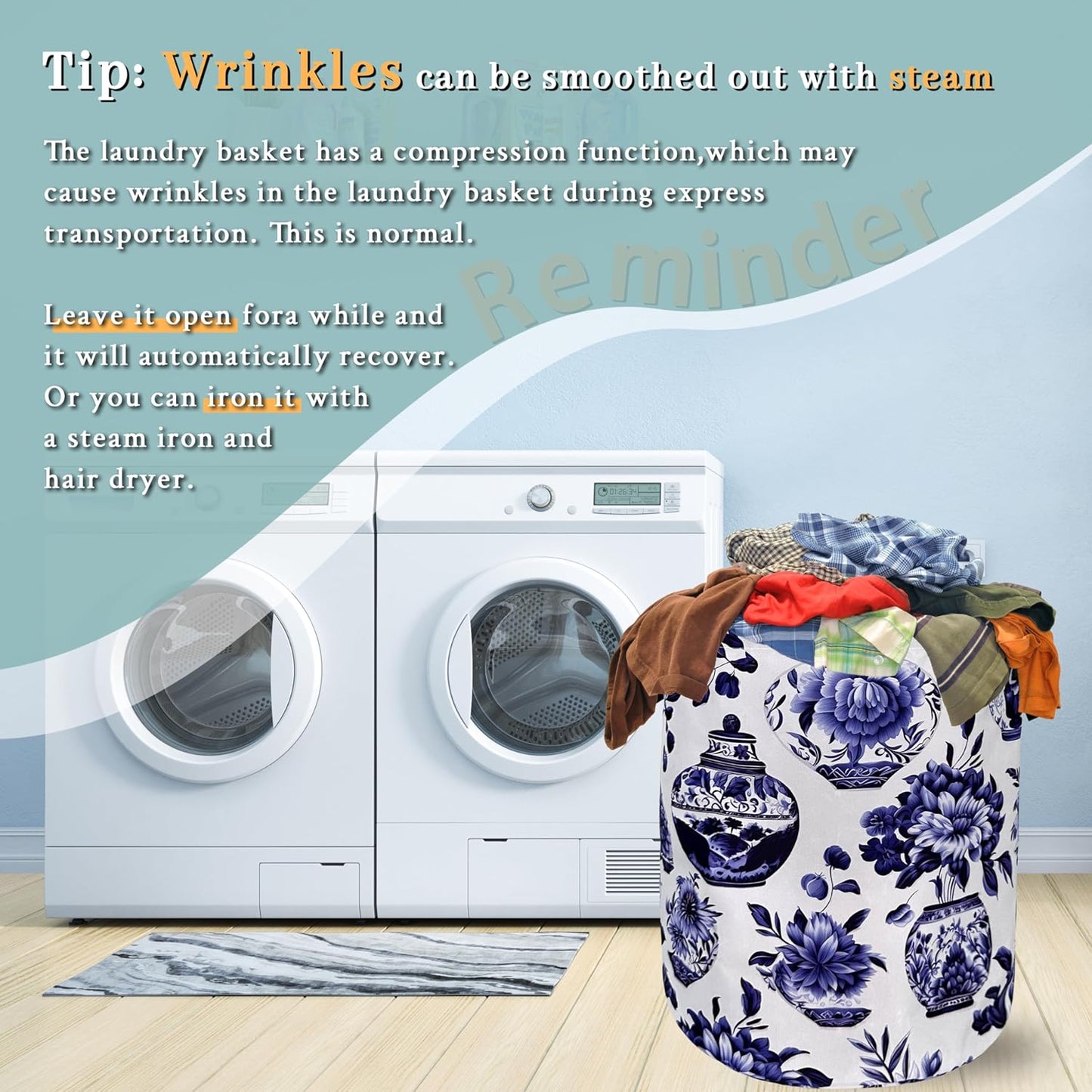 Blue White Floral Laundry Basket Foldable With Handles Vase Flower Tote Bag Oxford Cloth Color Laundry Hamper Clothes Storage Bucket Toy Organizer For Bathroom/Laundry/Bedroom 18.9"x16.5 "