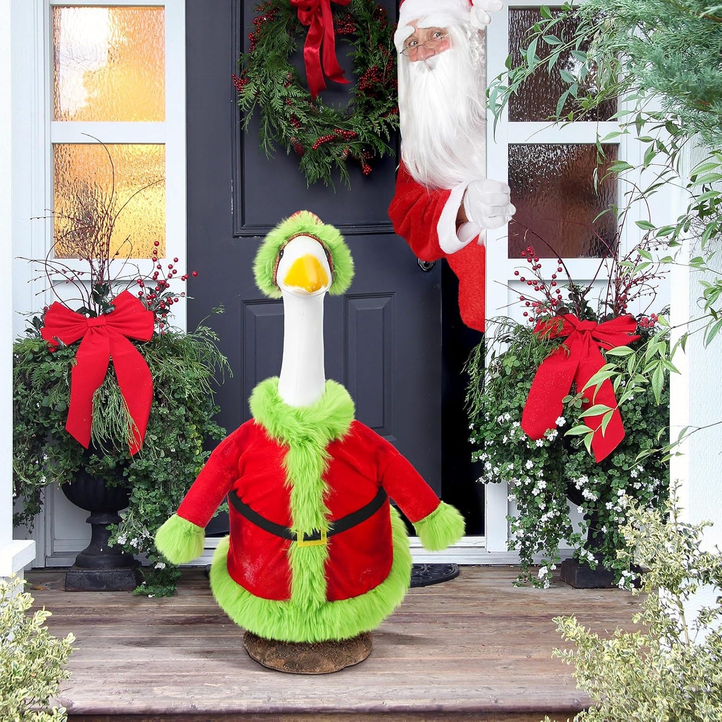 Christmas Porch Goose Outfit for 23" High Cement or Plastic Green Santa Claus Costume Lawn Christmas Goose Outfit for Yard Lawn Outdoor Garden Patio Xmas Holiday Decor