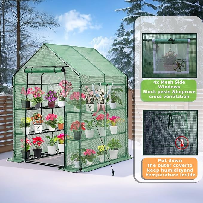 Walk-in Greenhouse w/ Roll-Up Zipper Door & Screen Windows-3 Tiers 12 Shelves 56x56x76β PE Greenhouse for Outdoor Gardening Plants Cold Frost Protection Wind Rain Proof(PLGHW002G-N)