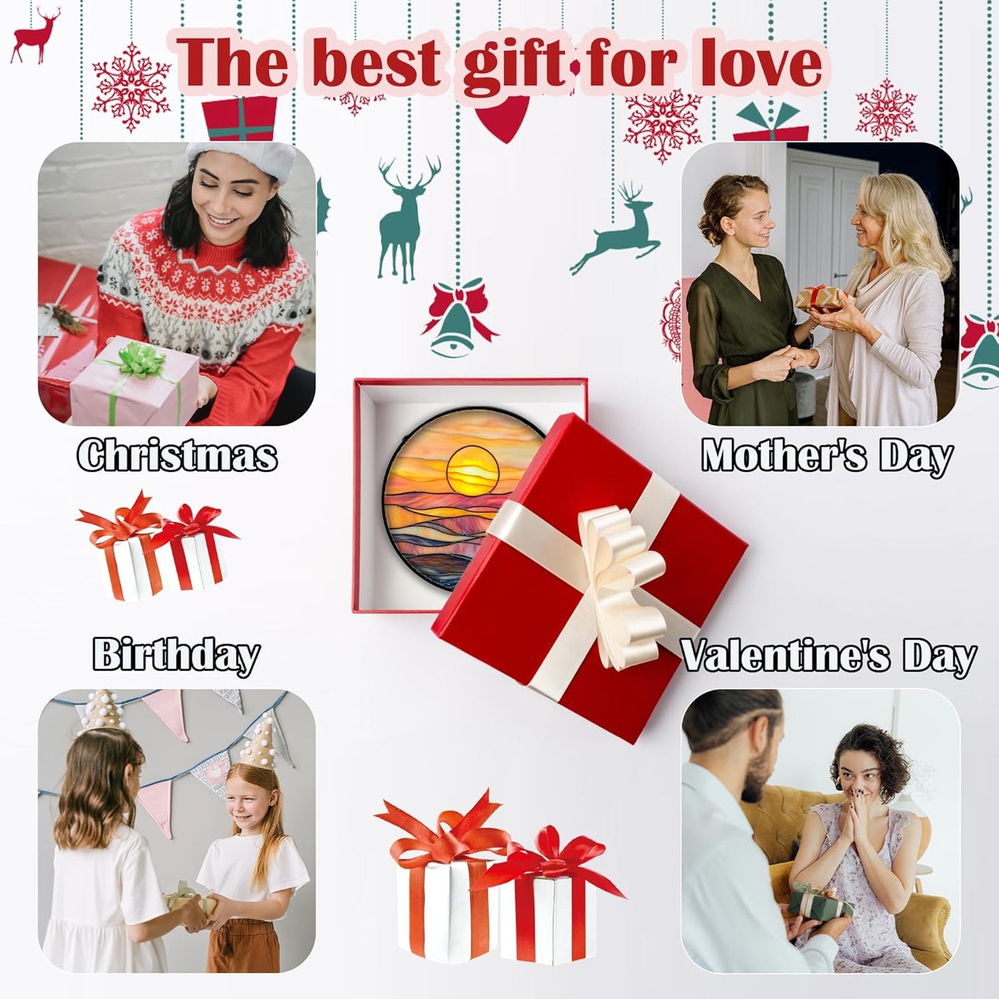 Stained Glass Window Hanging, Orange Sunrise Suncatcher Diamond Glass Panel Hangings Scenery Sun Catchers Decor for Birthday for Women, Men, Wife, Aunt, and Mom 7.8 in