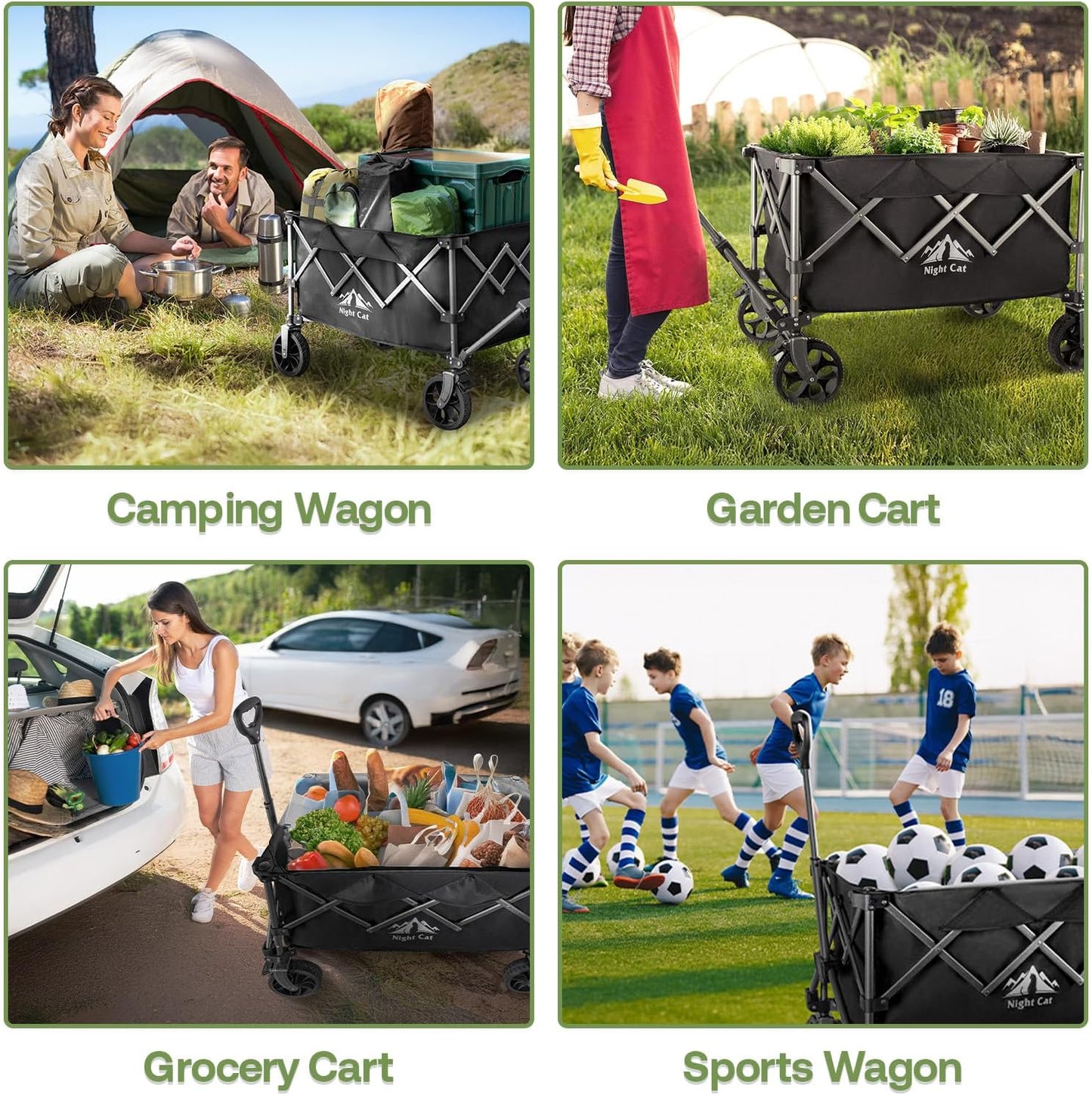 Night Cat Collapsible Wagon for Camping: 150L Garden Gart with Wheels Heavy Duty - Folding Utility Wagon for Outdoor