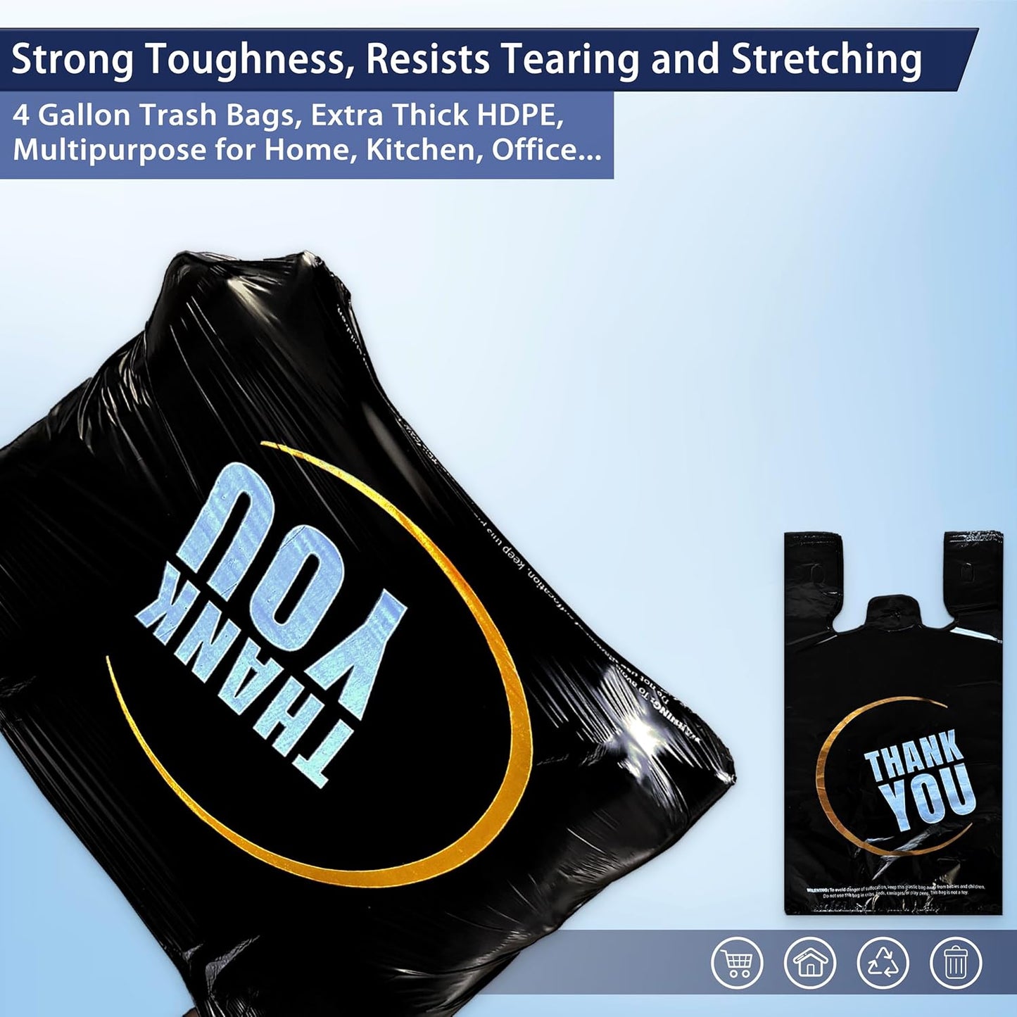 4 Gallon Small Black Trash Bags with Handles 100 Count, 11" x 21" Plastic Garbage Bags for Home, Kitchen, Office, Bathroom Thank You T-Shirt Style Bags for Small Business, Takeout, Grocery Use