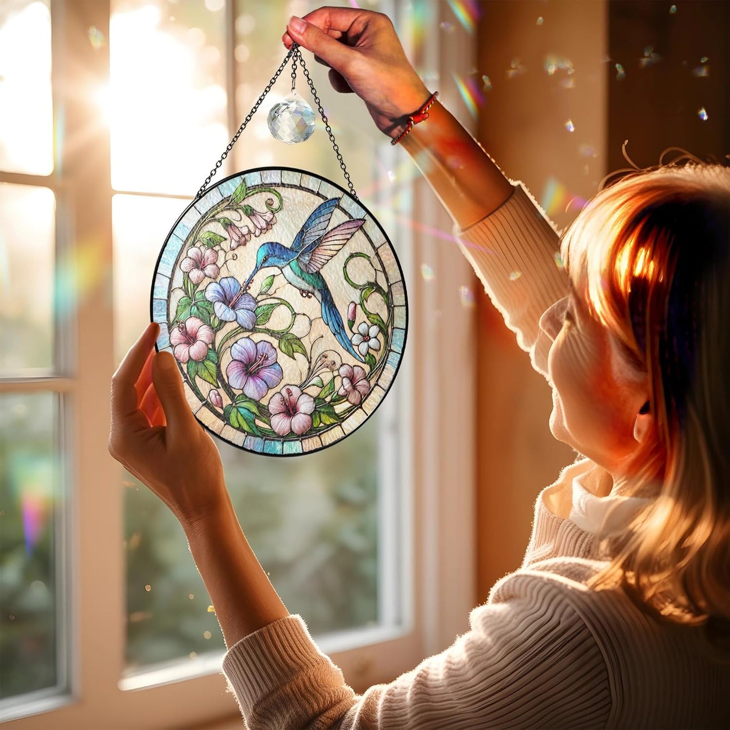 7.8" Hummingbird and Flowers Stained Glass Suncatcher, Art Glass Birds and Flowers for Sun Catcher Indoor Window Floral Gifts for Women Mom Nana Nature Lovers Friend Painted Panel Décor BIRD-64B-SG8