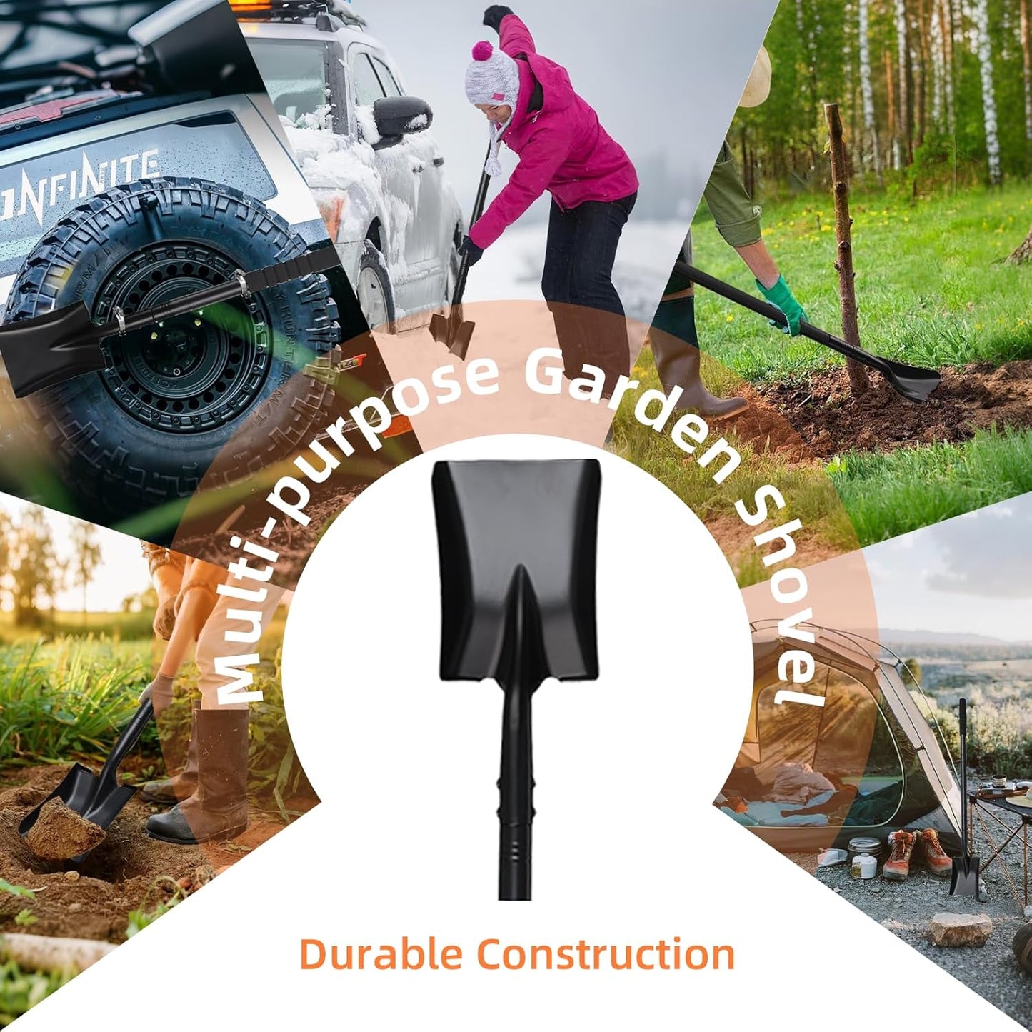 Small Square Shovel for Digging with Metal Handle, 43.3 Inch Heavy Duty Small Shovel, Trench Shovels Ideal for Digging Gardening Trenching Camping Planting Transferring, Black