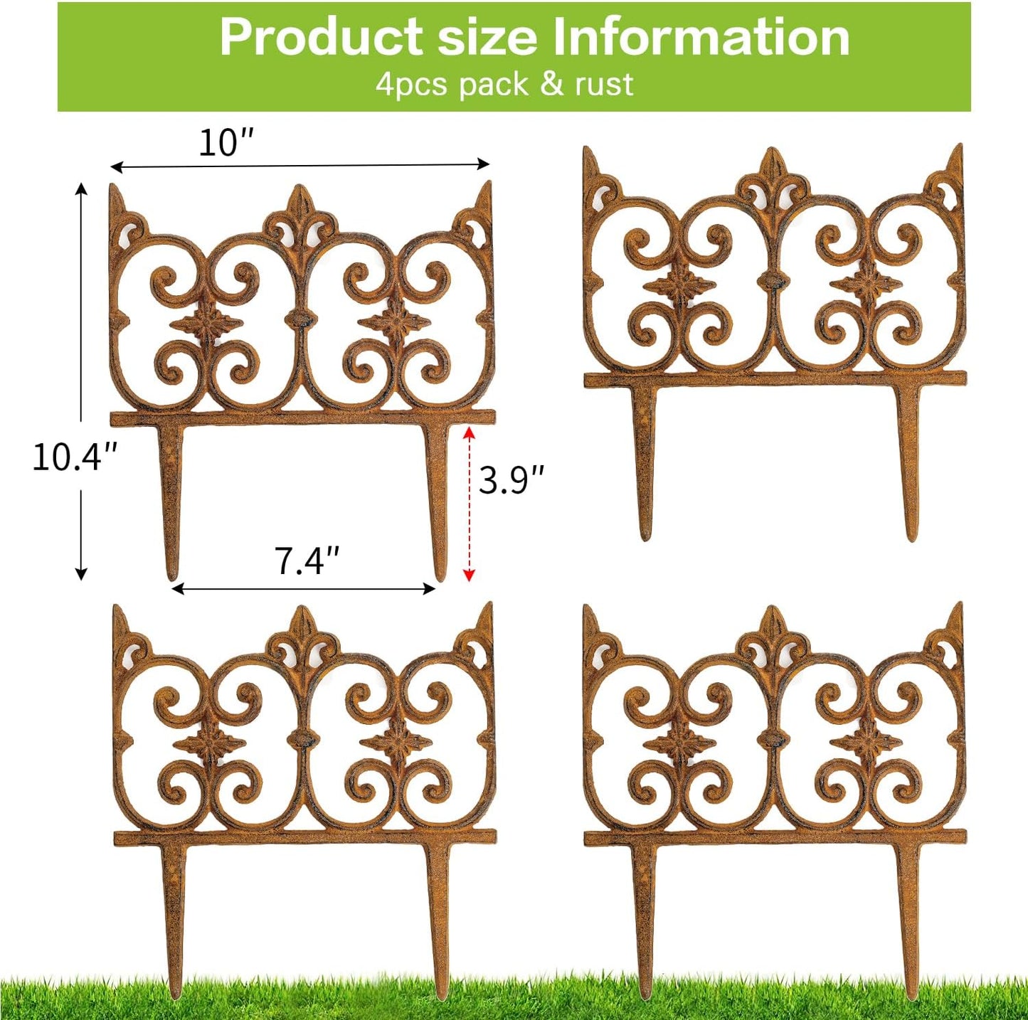 Sungmor Decorative Cast Iron Garden Edging, 4 Pack Full Rusted Victorian Garden Edging Landscape Border, Vintage Metal Yard Stake Low Picket Fence, 10.6" Tall Outdoor Flower Bed Lawn Fence Panels