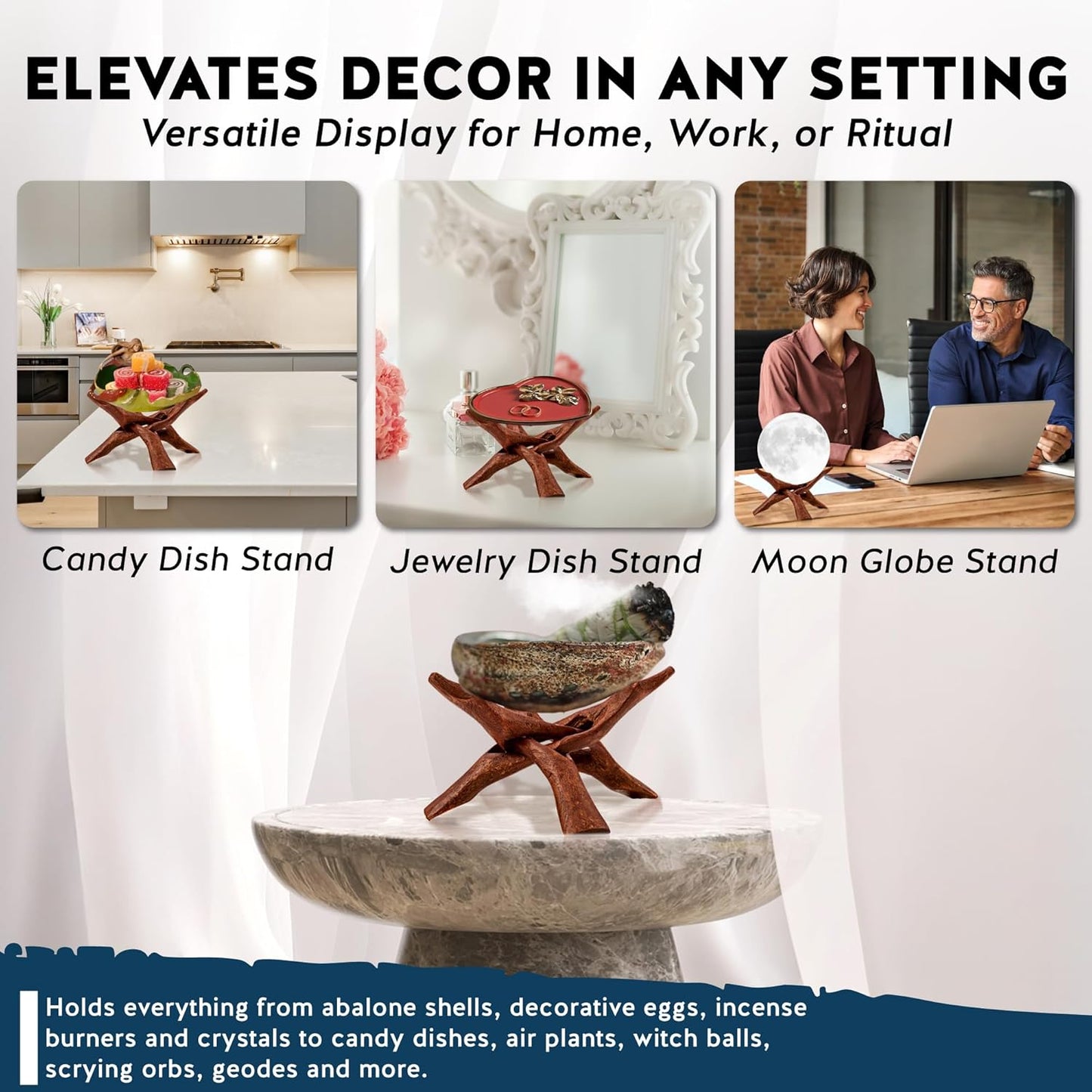 Alternative Imagination Wooden Tripod Display Stand – 6-Inch Hand Carved Holder Made from Sustainable Mango Wood – Folding Reddish-Brown Stand for Abalone Shell, Crystal Ball, Key Bowl, Trinket Dish, Incense, Decor and More