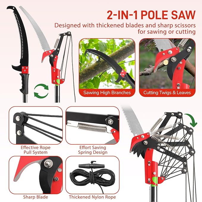 Outvita Manual Pole Saw, 26 Feet Extendable Tree Pruner with Knives and Storage Pocket, Sharp Steel Blade and Scissors High Branches Trimming for Pruning Palms and Shrubs(Orange)