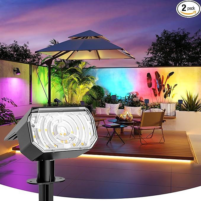 Color Changing Solar Spot Lights Outdoor, 9 Lighting Modes Colored Solar Lights Outdoor RGB Color, Solar Lights Waterproof IP67, Landscape Spotlights for Holiday Decorations, 2 pack
