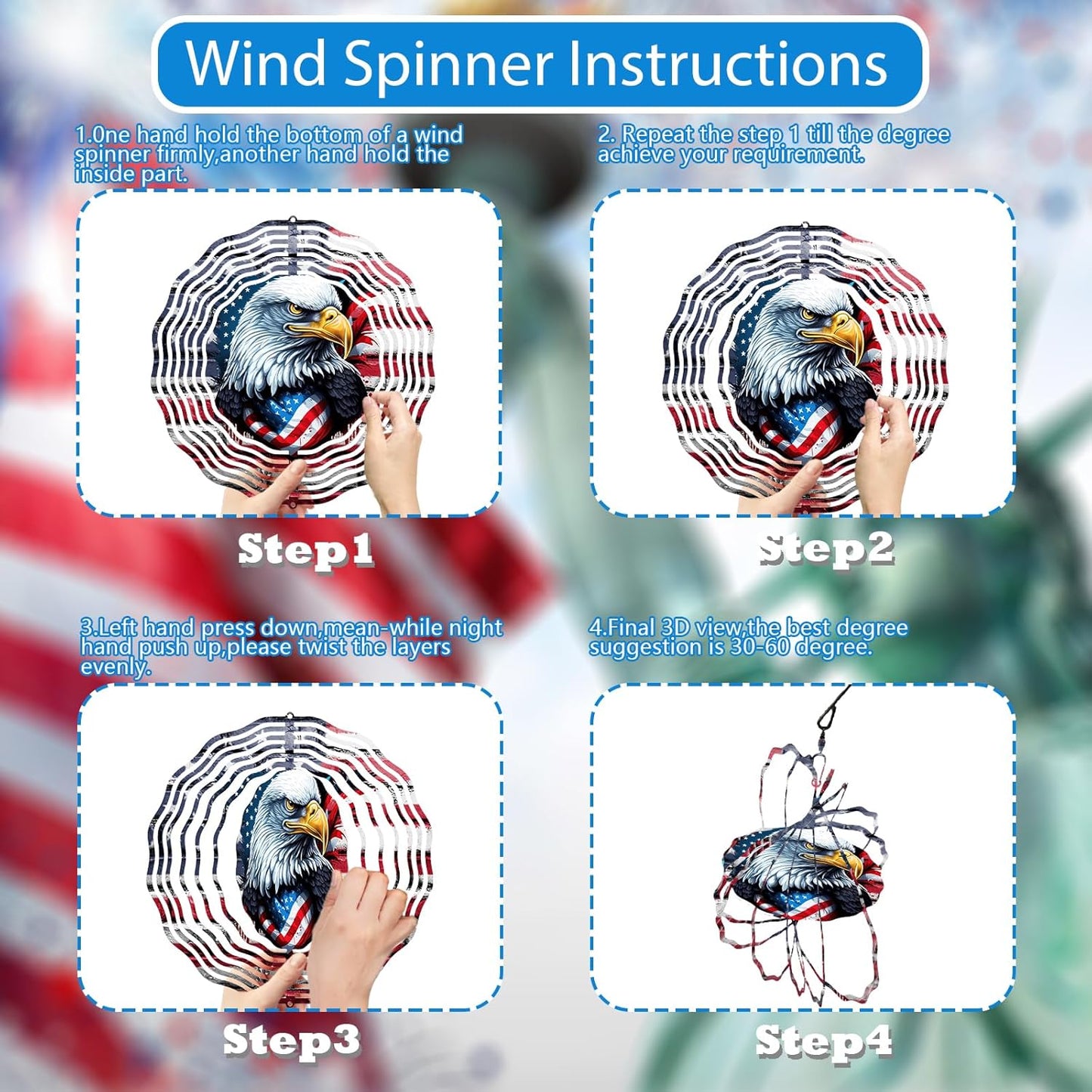 3D American Flag Eagle Wind Spinner 10 Inch Stainless Steel Kinetic Art Patriotic Hanging Decoration for Indoor and Outdoor Spaces