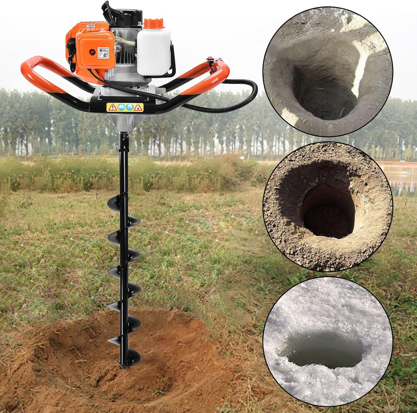 Post Hole Digger,72CC Auger Post Hole Digger Gas Powered Auger with 3 Earth Drill Bits 4" & 8" & 12", 3 Extension Rods for Fence Garden Farm Plant,EPA Certification