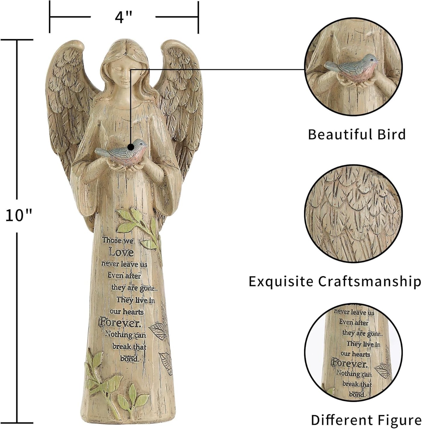 DUSVALLY Angel Statue, Memory Guardian Garden Decor, 10" H Waterproof Outdoor Angel Figurine Sculpture for Lawn & Yard (Praying, Holding The Bird)