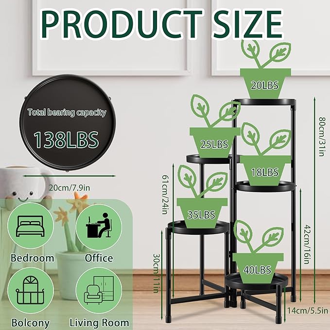 Plant Stand Indoor outdoor 5 Tier,Foldable Corner Tall Plant Shelf for Multiple Plants,Flower Pot Holder Display Stand for Living Room Balcony Garden Patio