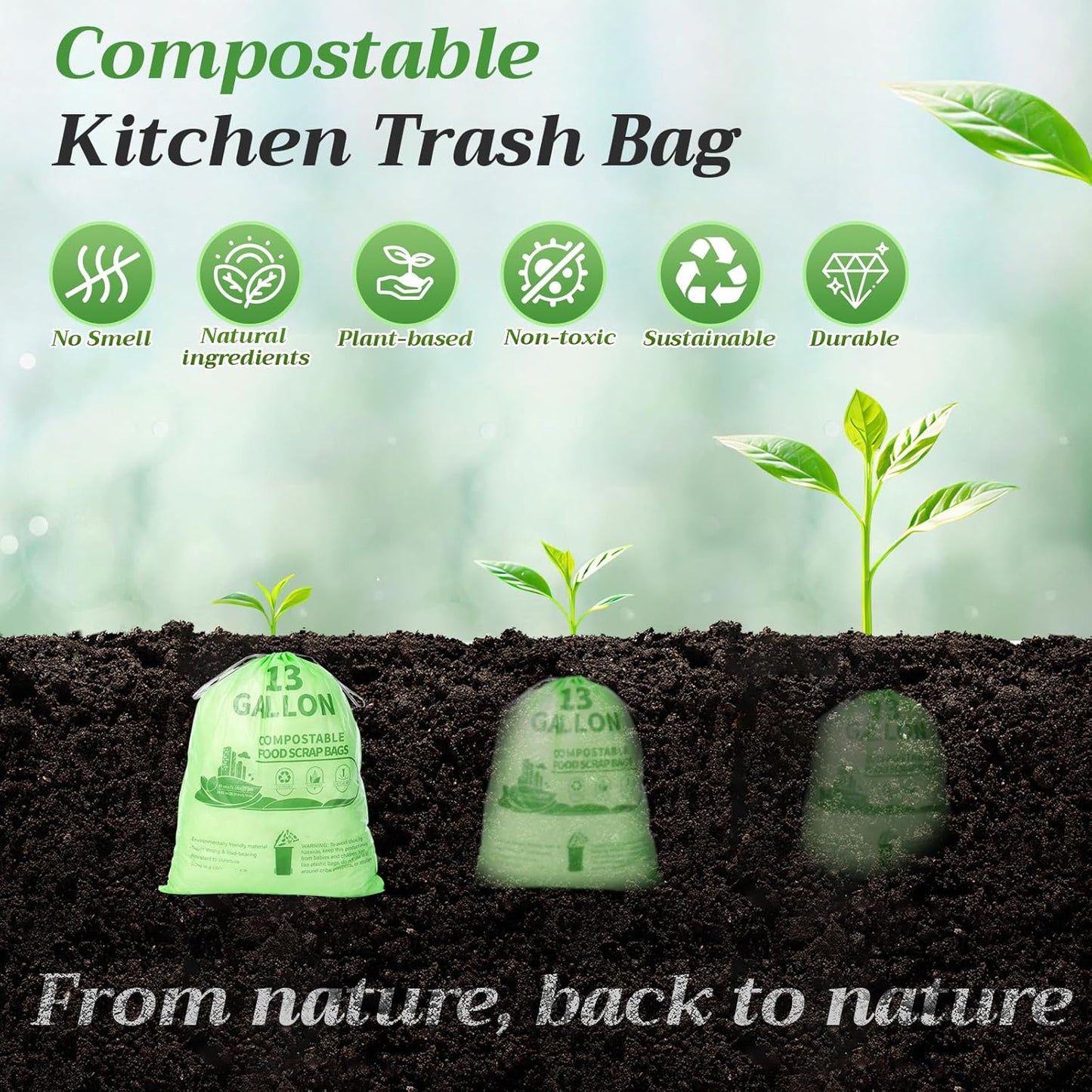 Amyhill 50 Count 13 Gallon Compostable Trash Bags Drawstring Heavy Duty Extra Thick 1.58 Mil 49.2 Liter Garbage Bags 13 Gallon Tall Kitchen Food Scrap Waste for Home Bathroom Garbage, Green