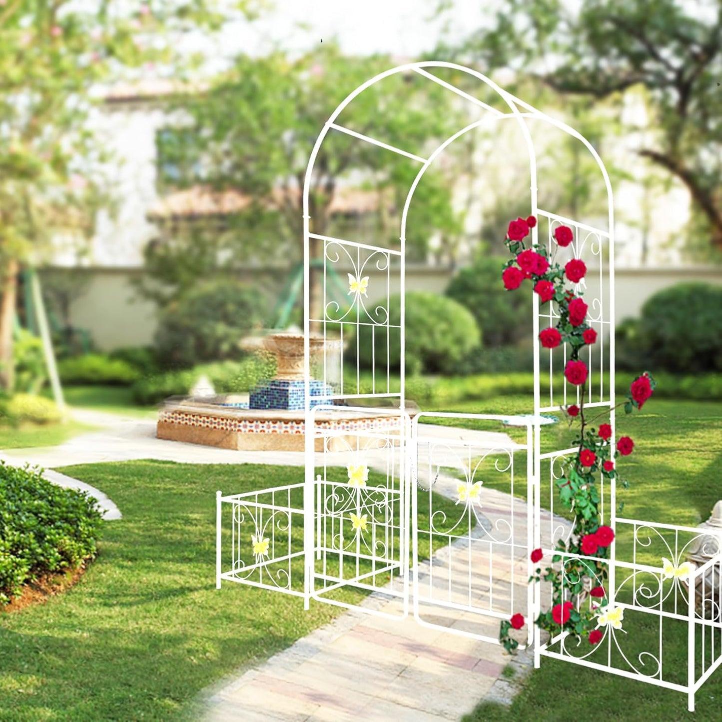 Metal Garden Arbor Arch with Gate and Plant Box, 86.6" H Heavy Duty Garden Trellis with Butterfly Decor for Outdoor Climbing Plants Support, Cream White