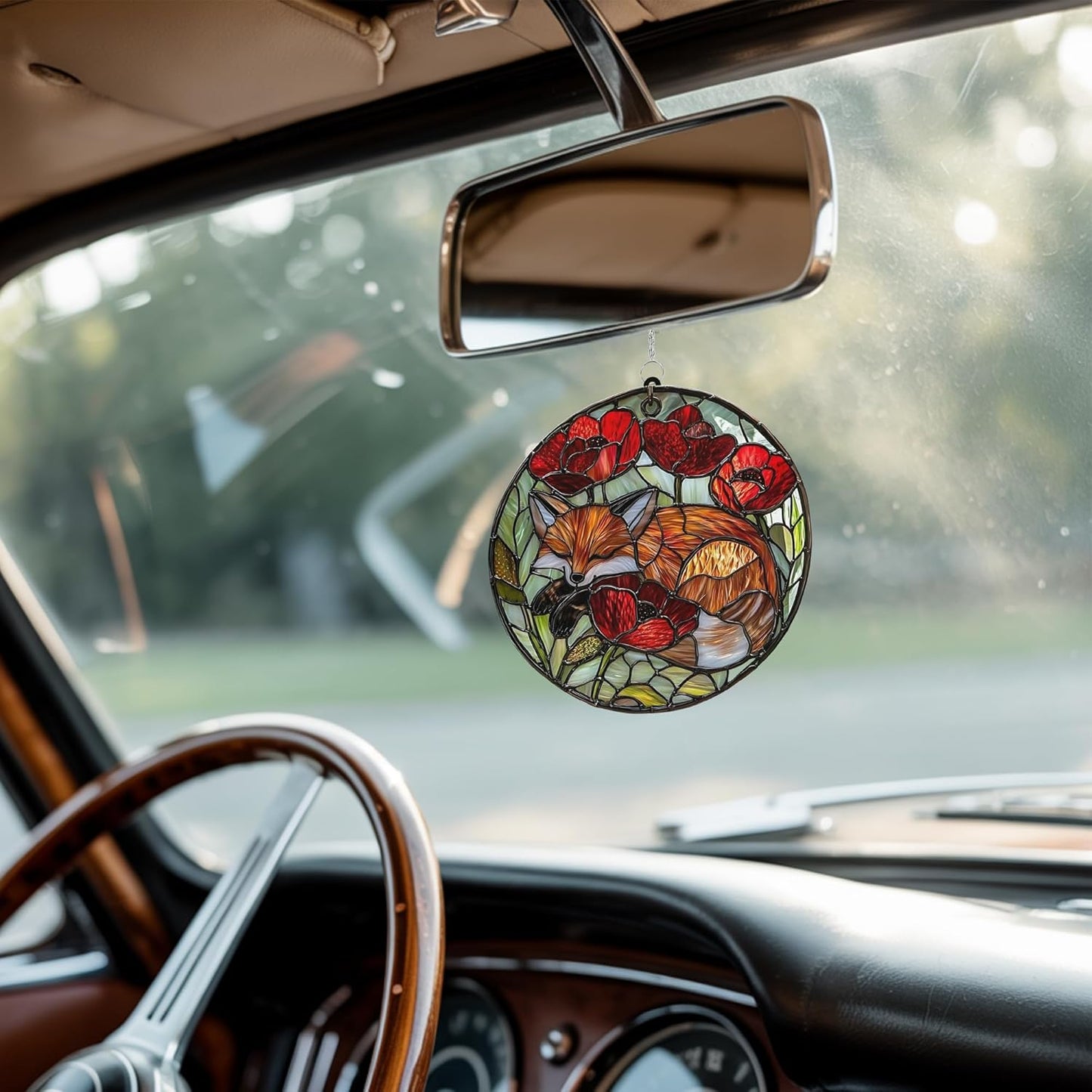 Fox Poppies Flower Acrylic Suncatcher Stained Glass Effect Window Car Hanging Christmas Ornament Indoor Outdoor Decor Garden Sun Catcher Panel Gifts for Fox Lover for Women Mom Grandma