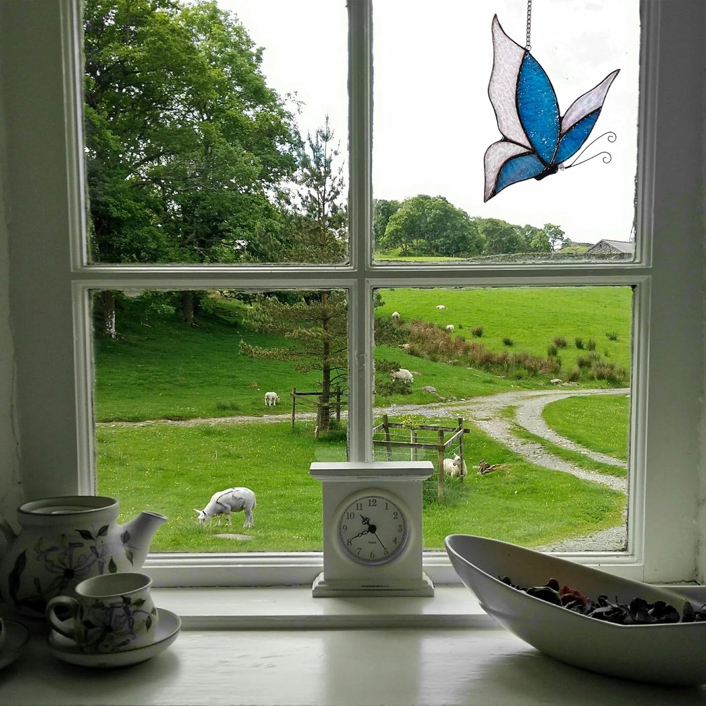 Holographic Butterfly (Blue) Sun Catcher Stained Glass Window Hanging, 7 * 5 inches Stained Glass Butterfly Decor, Holographic Butterfly Lover Gift for Women, Men, Wife, Lovers, and Mom