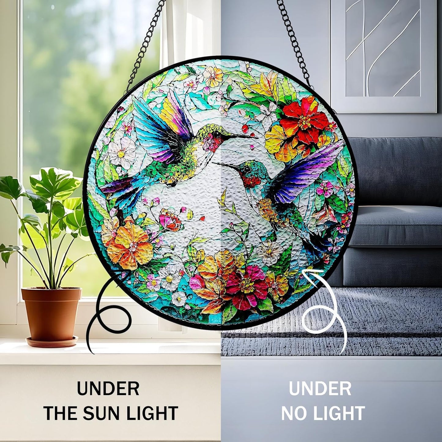 Hummingbird Suncatcher Stained Glass Window Hanging | 7.87" Round Sun Catchers Indoor Window Decor Outdoor Garden & Wall | Stain Glass Sun Catcher Gifts for Women & Bird Lovers