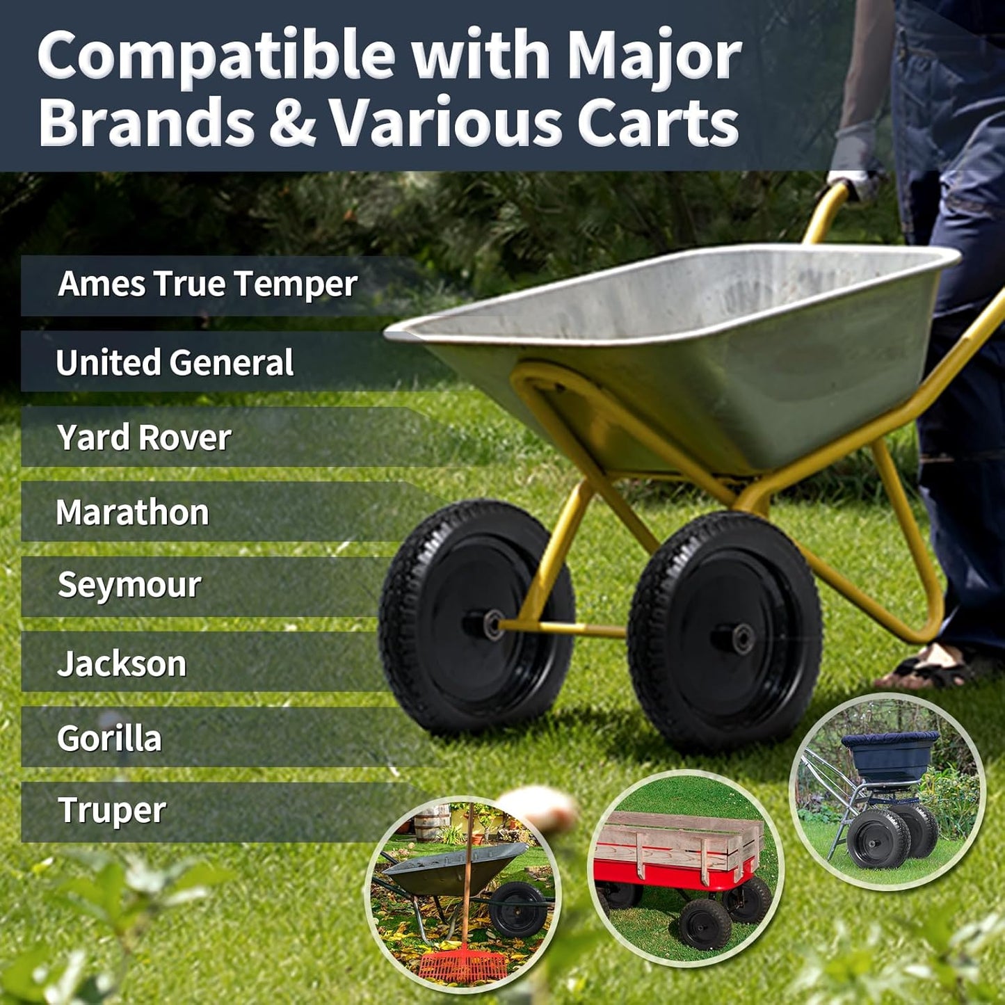 Wheelbarrow Tire 4.80/4.00-8 Flat Free Solid Tire Wheel 14.5 Inch, Replacement Heavy Duty Wheel, with 5.8" and 3.4" Bearings 3" Center Hub, fits Garden Cart, Dolly, Hand Truck, Trailer, Wagon, 2 Pcs