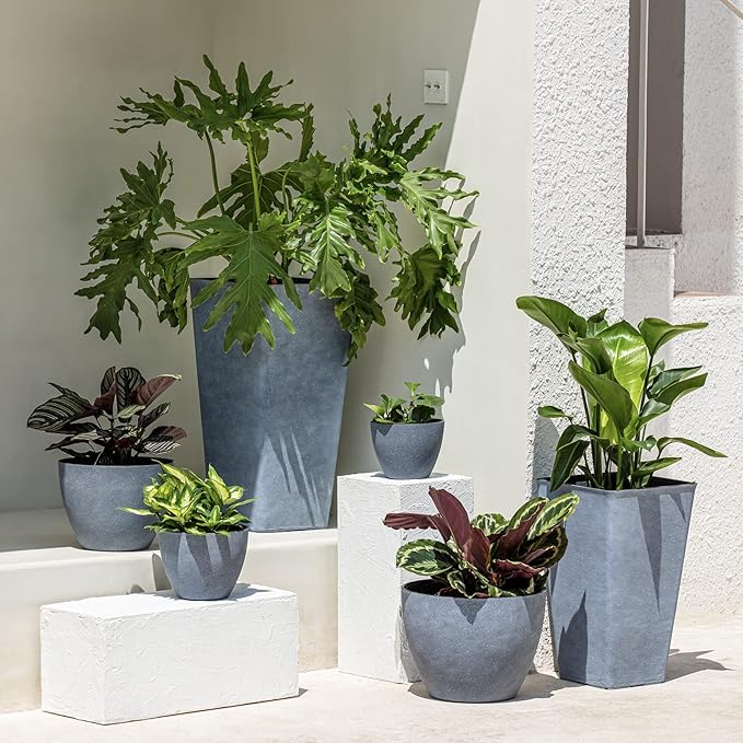 LA JOLIE MUSE Flower Pots Outdoor Garden Planters, Indoor Plant Pots with Drainage Holes, Plastic, Weathered Grey, Set 2 (11.3 + 11.3 Inch)