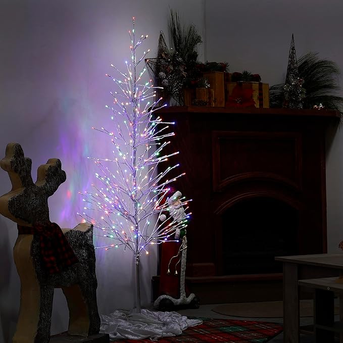 Alpine Corporation 65" H Indoor/Outdoor Pre-Lit Silver Foil Christmas Tree with Yard Stake and 360 LED Lights, Christmas Decoration