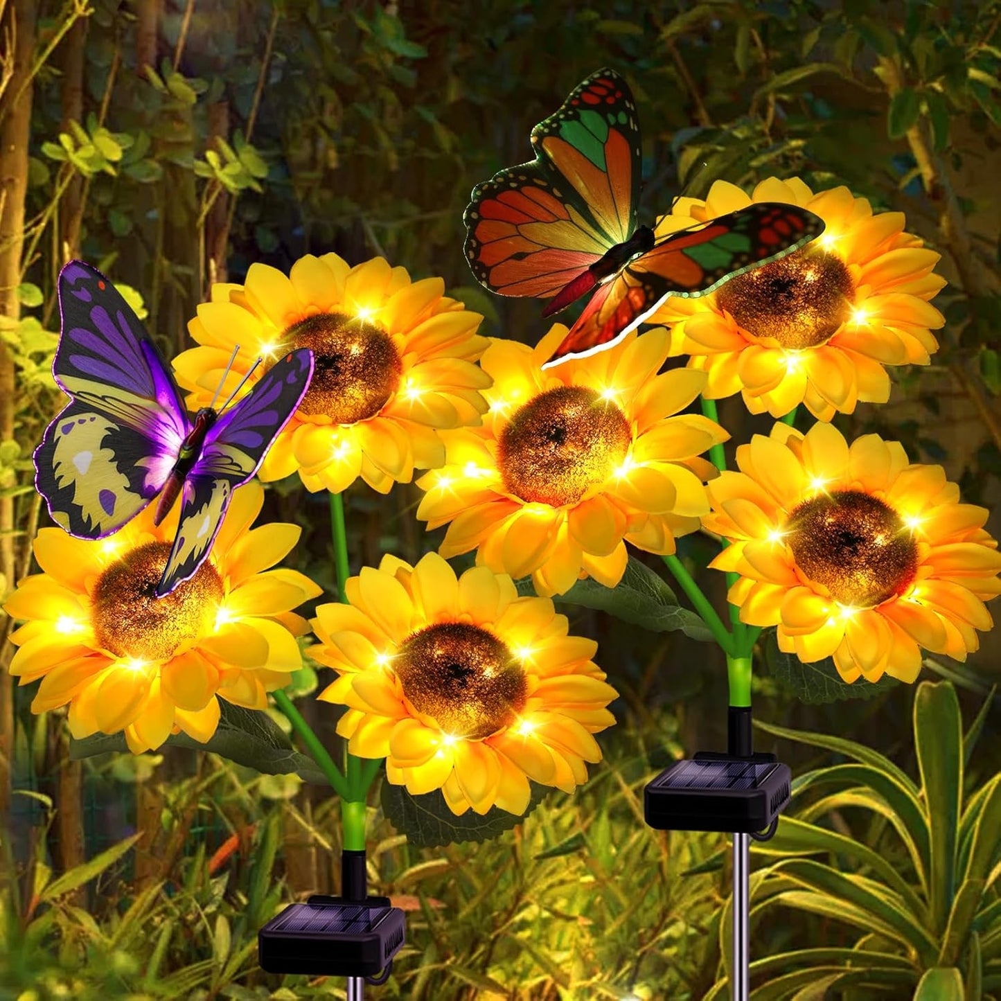 ANGMLN Solar Sunflower Outdoor Garden Lights, 2 Pack Solar Flower with Butterfly Waterproof Garden Decor, Gifts for Mom Grandma, Waterproof Decorative Lights for Pathways Patios and Yards Decorations