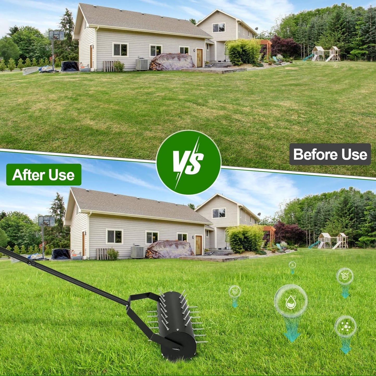 18-inch Rolling Lawn Aerator Tool, 50"-70" Handle Heavy Duty Spike Aerator with Sandbag, 40 Iron Spikes Tighten with Patience, Manual Rolling Aerator Lawn for Yard Garden