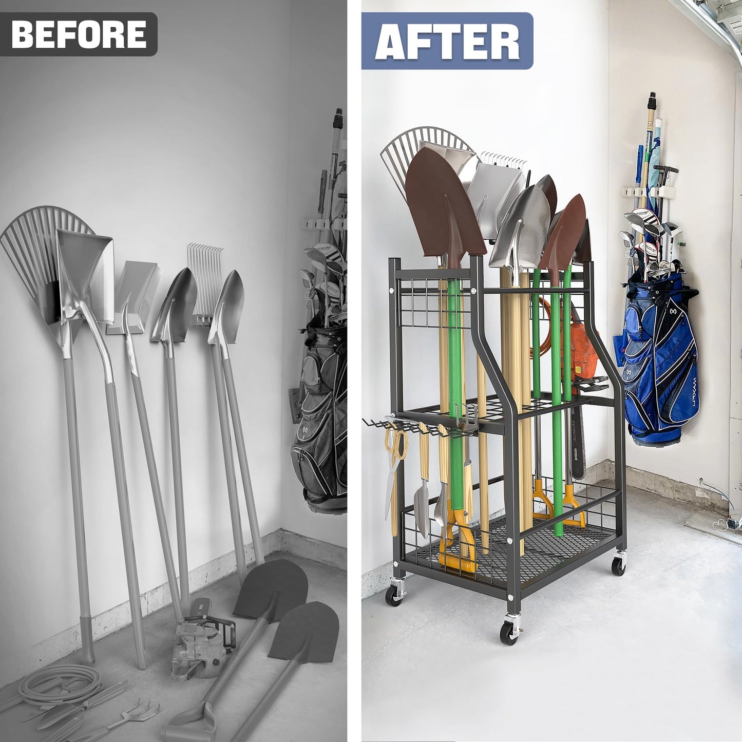 WALMANN Garden Tool Organizer with Wheels for Garage, Rakes/Shovels/Yard Tools Storage Stand for