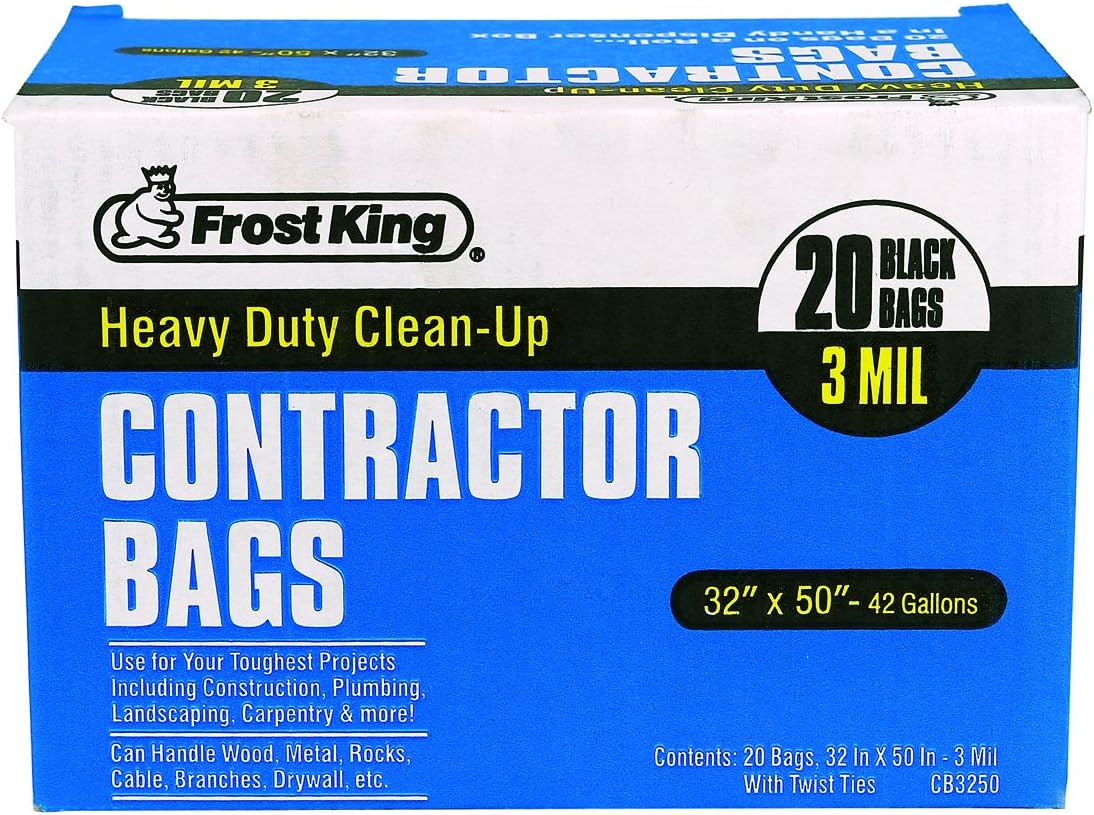 Frost King CB3250 Boxed Heavy Duty Contractor Clean, 32" x 50" x 3 mil, 32x50x3 Inch (Pack of 20), 20 Bags, Black