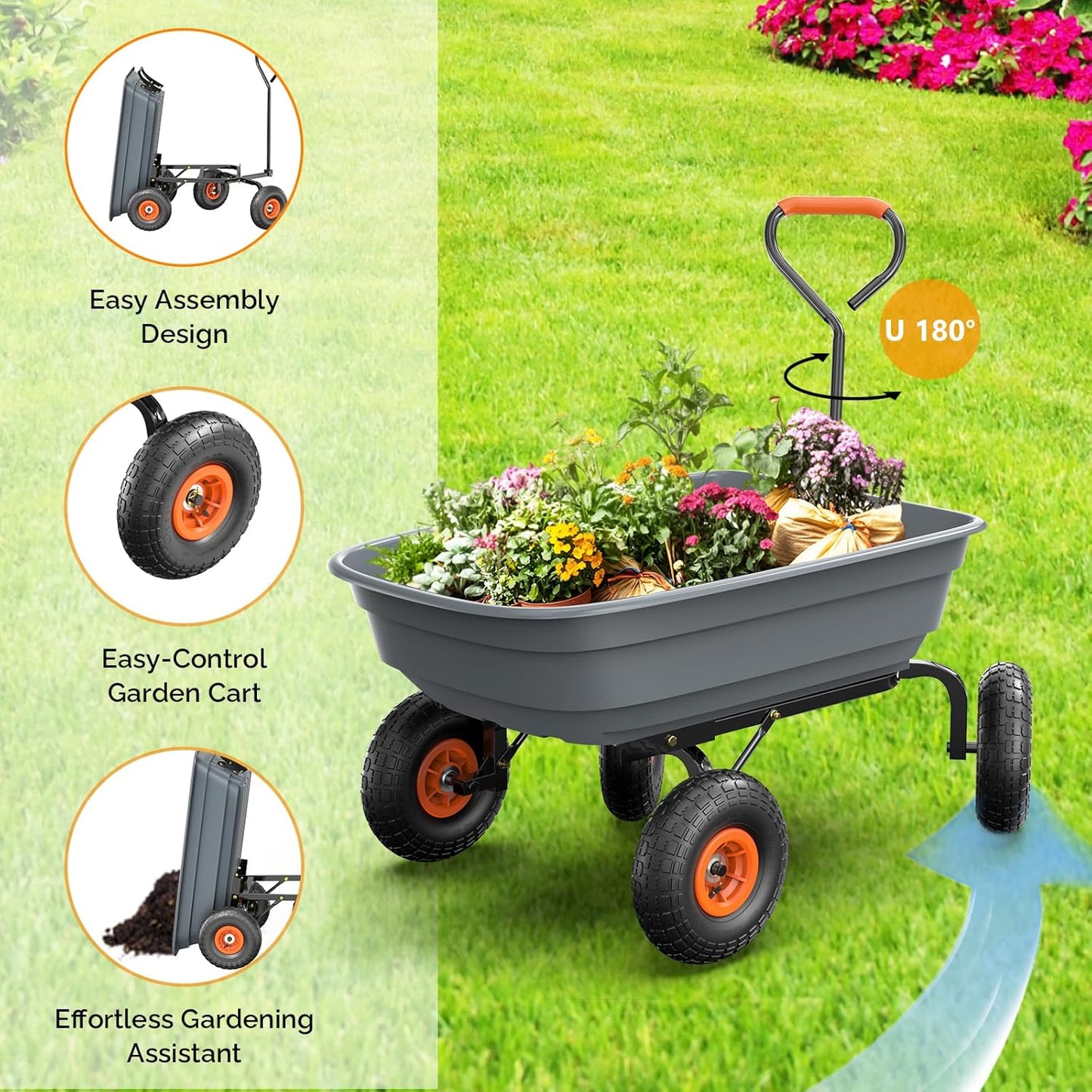 VINGLI Wheelbarrow, Plastic and Steel Wheel Barrel, Garden Cart for Lawn, Gardening, Construction (Gray)