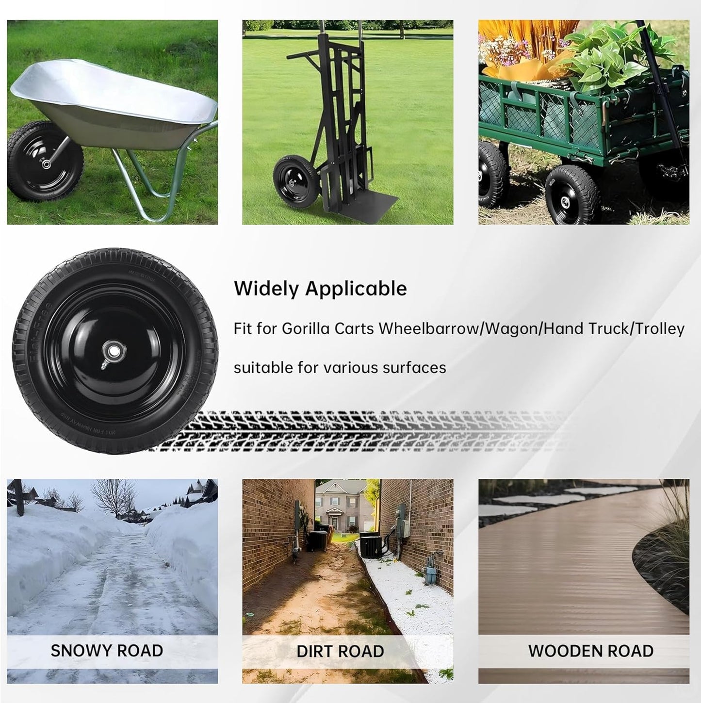 2PC 14.5" Wheelbarrow Tires, 4.80/4.00-8" Flat-Free Tire and Wheel, 5/8" Bearings, Extra 3/4" Bearing, Adjustable Center Hub for 3 to 7", Fits 4.80-8, 4.00-6, 3.50/2.50-8 Wheels, Maximum Load 300 lbs.