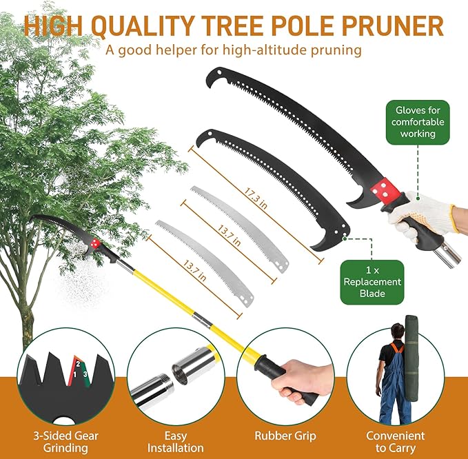 Outvita Manual Pole Saw, 26 Feet Extendable Tree Pruner with Knives and Storage Pocket, Sharp Steel Blade and Scissors High Branches Trimming for Pruning Palms and Shrubs(Yellow)