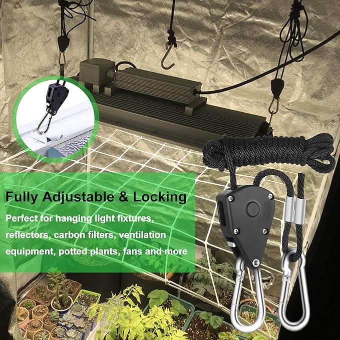 Rope Clip Hanger, 12 Packs 1/8 in Reinforced Adjustable Height Anti-Loose Design Gears Clip for Growing Light Fixtures, Hanging Plants, 8 FT Length 150lbs Weight Capacity