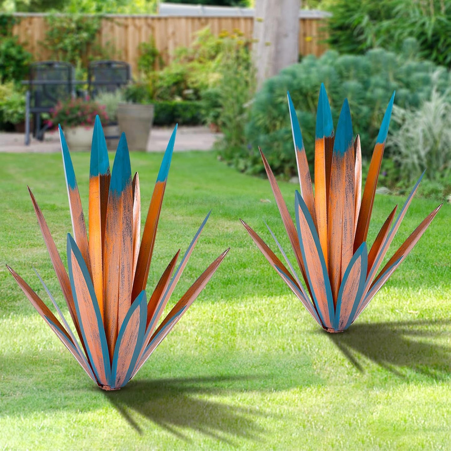 TOMBABY Large Leaf Thickened Metal Agave Plant Outdoor Decoration Desert Courtyard Art Plant Garden Decoration Outdoor Metal Art Floral Gift (1, Blue)