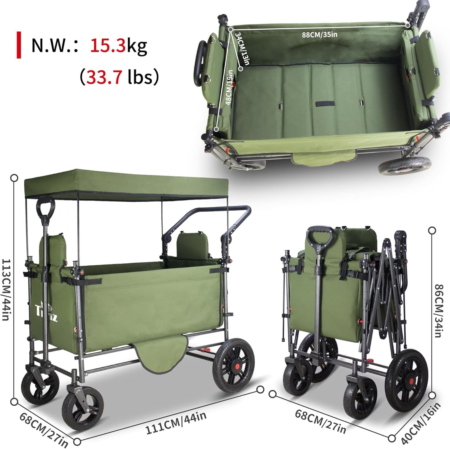 TMZ Collapsible Wagon Cart with Side-Opening Seat Conversion Design, Foldable Utility Wagon with 2 Seats, Heavy Duty Wagon 265 lbs Load Capacity (Green)