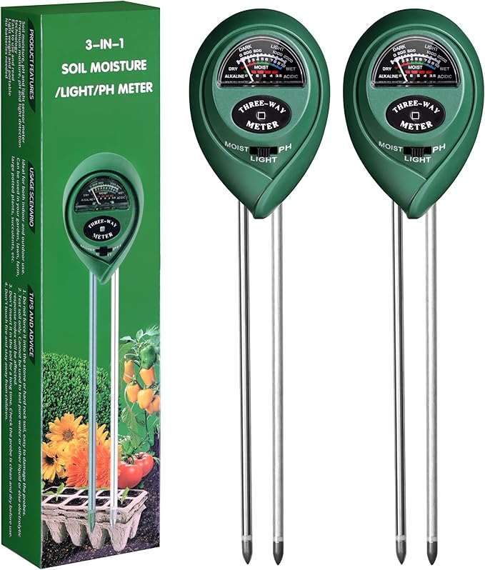 iPower Soil Meter, 3-in-1 Plant Moisture Light PH Tester for Gardening, Farming, Indoor & Outdoor Use, 2 Pack