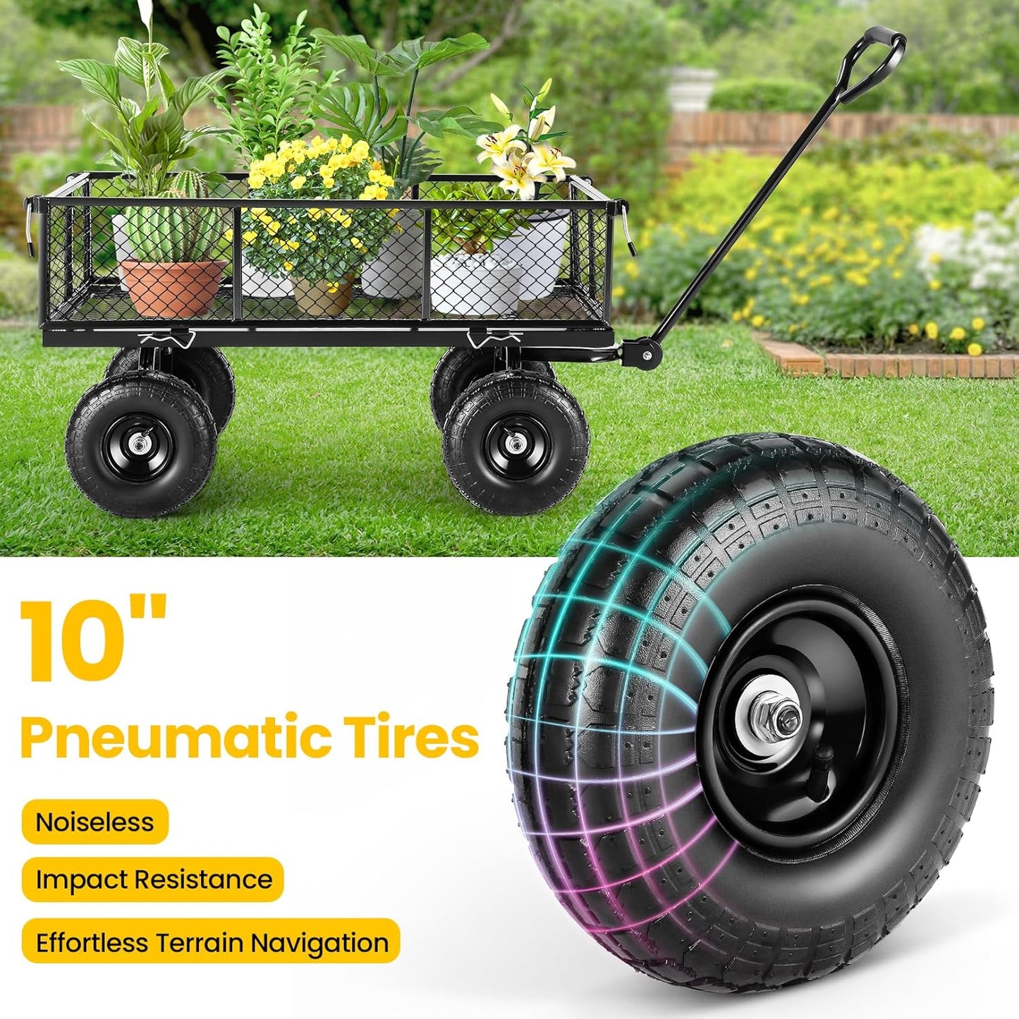 Garden Cart, Heavy Duty 880 Lbs Capacity Mesh Steel Garden Cart with Removable Sides to Convert into Flatbed, Utility Metal Wagon with 180° Rotating Handle and 10 in Tires, Black