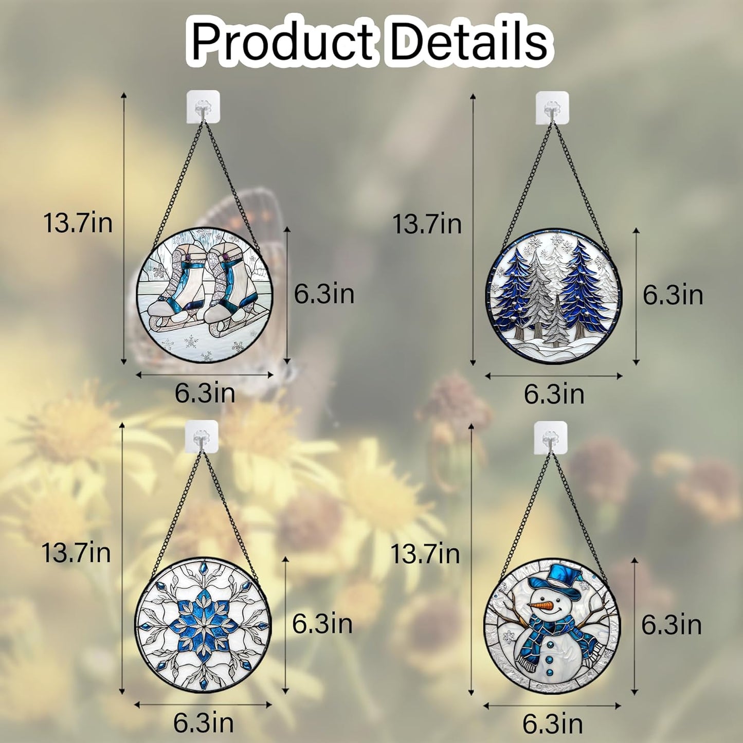 Stained Glass Window Hanging 4 Pcs Set White Winter Christmas Snow Scene 6.3" - Suncatcher Door Garden Sun Catcher Decor Birthday for Mom Woman Nana Men Friend Wife