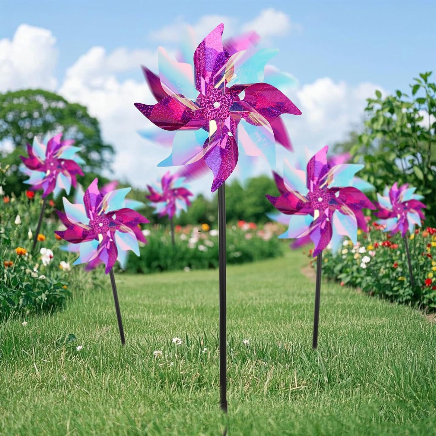 winemana 12 Pcs Reflective Pinwheels Outdoor, Wind Spinners for Yard & Garden, Sparkly Bird Repellent Windmill Scare Birds Away, Deterrent Devices for Outside Patio Lawn Spring Decor (Purple)