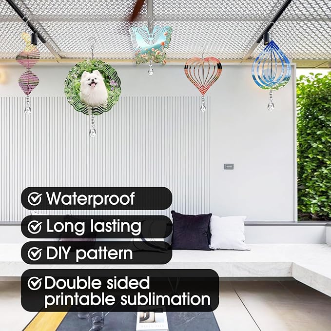 Sublimation Wind Spinner Blanks 8 Inch 5 Pack Wind Spinners Sublimation Blanks with Crystal Pendant Aluminum Metal Wind Spinners for Yard Garden Indoor Outdoor Window Porch Decoration(Fishbone
