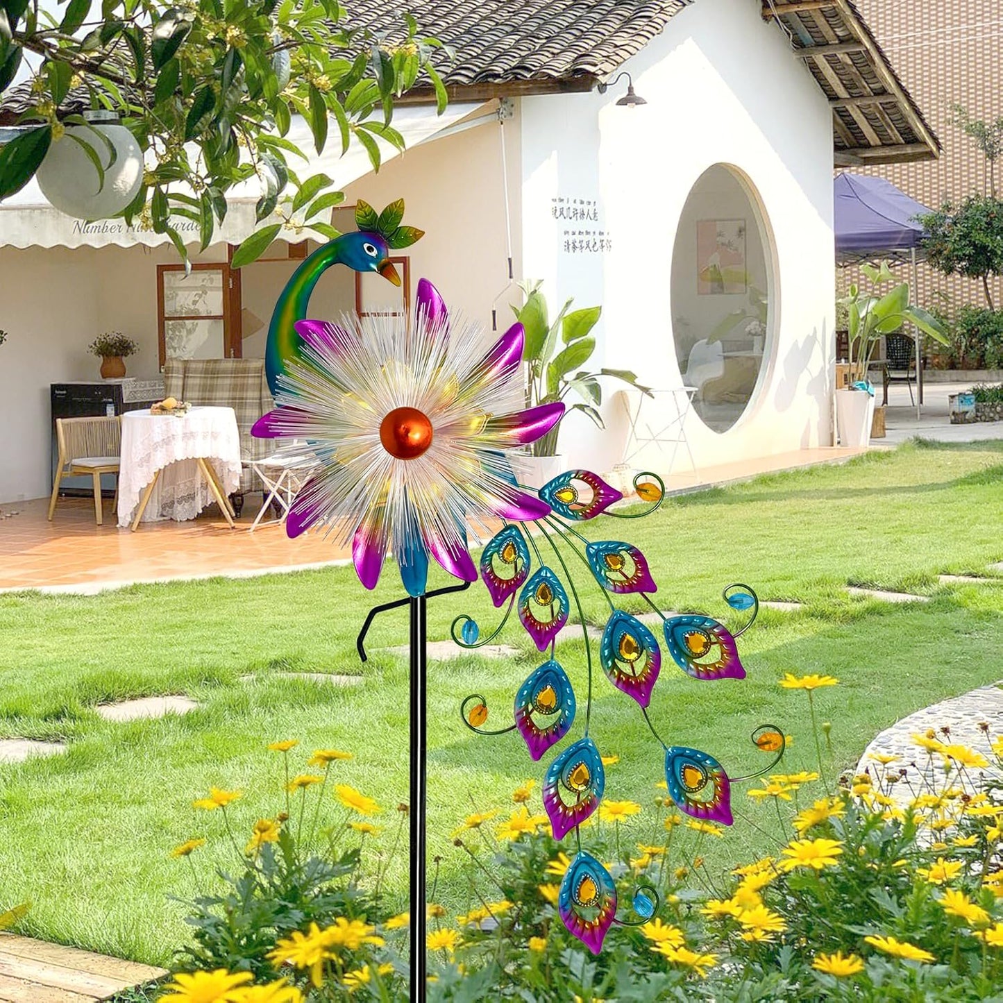 Solar 51" Peacock Wind Spinners for Yard and Garden, Metal Clearance Windmill Kinetic Wind Spinner Outdoor Decor, Wind Sculpture Yard Art Decorations for Patio, Lawn & Garden
