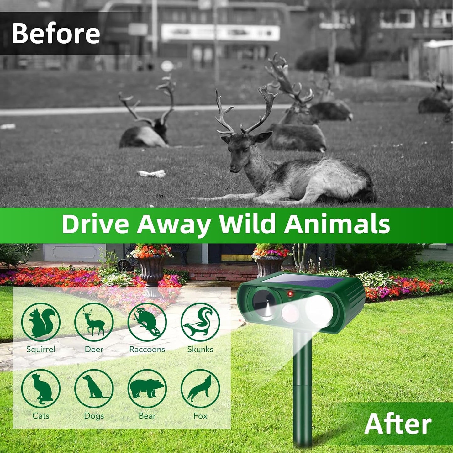 4 Pack Solar Animal Repellent Ultrasonic Outdoor Raccoon Squirrel Fortress Pro Cat Deterrent Deer Repellent with Motion Detection Strobe Light,Waterproof Repeller for Rabbit Dog Skunk for Yard